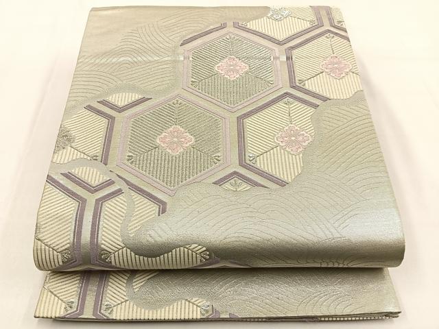 平和屋着物◎六通柄袋帯　唐織　亀甲松葉花文　銀糸　正絹　逸品　BAAW0105hj