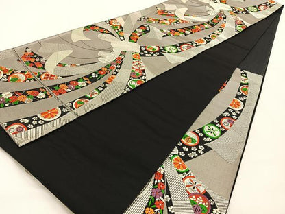 平和屋着物◎六通柄袋帯　唐織　束ね熨斗花文　銀糸　正絹　逸品　BAAW0107hj