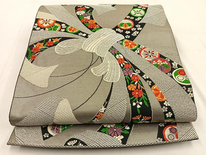 平和屋着物◎六通柄袋帯　唐織　束ね熨斗花文　銀糸　正絹　逸品　BAAW0107hj