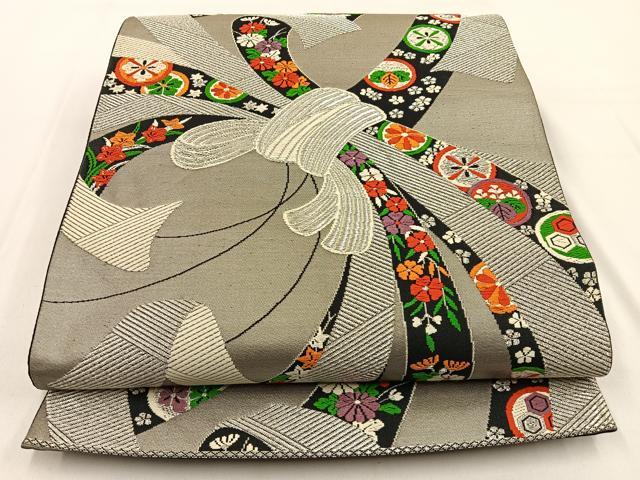 平和屋着物◎六通柄袋帯　唐織　束ね熨斗花文　銀糸　正絹　逸品　BAAW0107hj