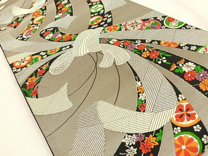 平和屋着物◎六通柄袋帯　唐織　束ね熨斗花文　銀糸　正絹　逸品　BAAW0107hj