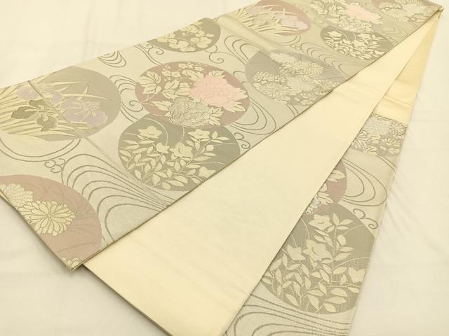 平和屋着物◎六通柄袋帯　流水花丸文　プラチナ　正絹　逸品　BAAW0112hj