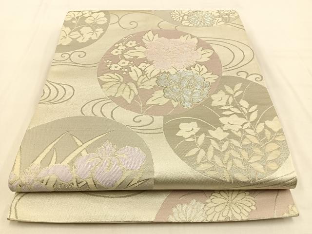 平和屋着物◎六通柄袋帯　流水花丸文　プラチナ　正絹　逸品　BAAW0112hj