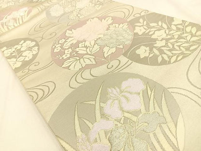 平和屋着物◎六通柄袋帯　流水花丸文　プラチナ　正絹　逸品　BAAW0112hj