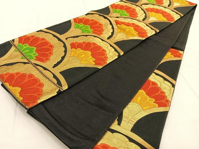 平和屋着物◎六通柄袋帯　唐織　花青海波　黒地　金糸　正絹　逸品　BAAW0118hj