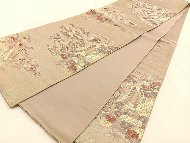 平和屋着物◎六通柄袋帯　唐織　御所車花文　銀糸　正絹　逸品　BAAW0121hj