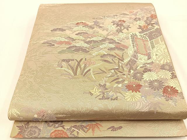 平和屋着物◎六通柄袋帯　唐織　御所車花文　銀糸　正絹　逸品　BAAW0121hj