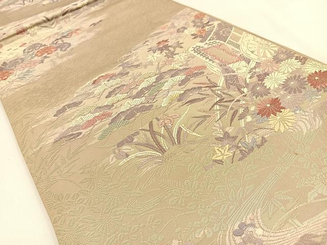 平和屋着物◎六通柄袋帯　唐織　御所車花文　銀糸　正絹　逸品　BAAW0121hj