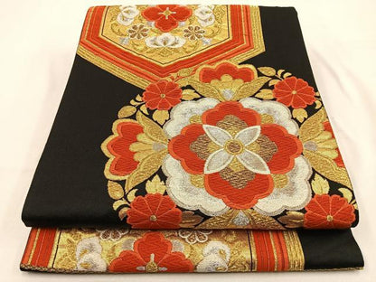 平和屋着物◎六通柄袋帯　唐織　宝相華　黒地　金銀糸　正絹　逸品　BAAW0140hj