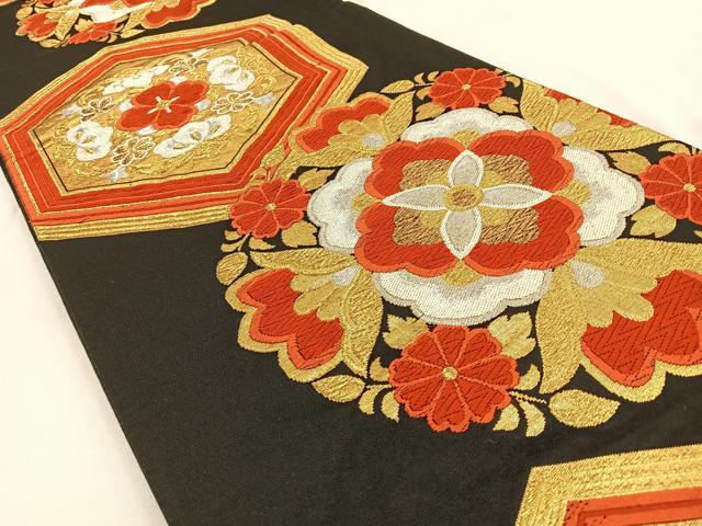 平和屋着物◎六通柄袋帯　唐織　宝相華　黒地　金銀糸　正絹　逸品　BAAW0140hj