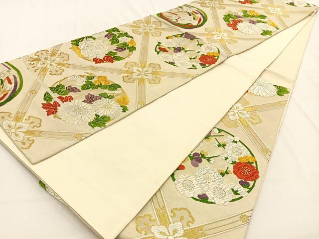 平和屋着物◎六通柄袋帯 唐織 菱天井花丸文 金銀糸 正絹 逸品 BAAW0178hj