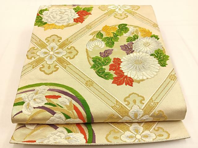 平和屋着物◎六通柄袋帯 唐織 菱天井花丸文 金銀糸 正絹 逸品 BAAW0178hj