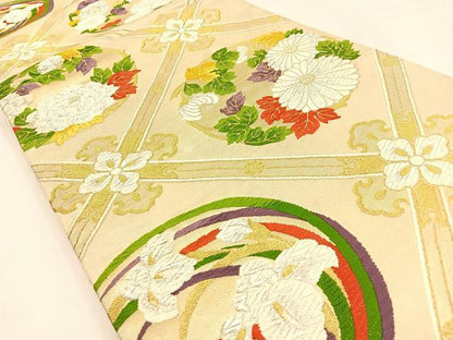 平和屋着物◎六通柄袋帯 唐織 菱天井花丸文 金銀糸 正絹 逸品 BAAW0178hj