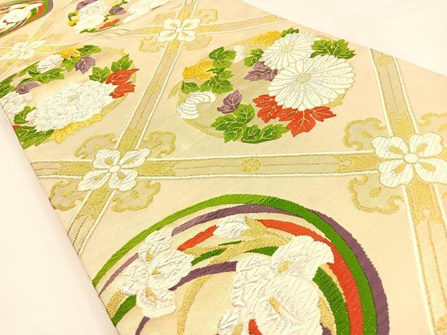 平和屋着物◎六通柄袋帯 唐織 菱天井花丸文 金銀糸 正絹 逸品 BAAW0178hj
