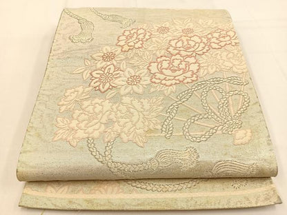 平和屋着物◎六通柄袋帯 扇面花文 銀糸 引箔 正絹 逸品 BAAW0179hj