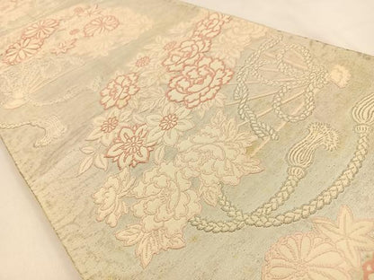 平和屋着物◎六通柄袋帯 扇面花文 銀糸 引箔 正絹 逸品 BAAW0179hj