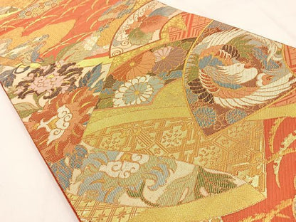 平和屋着物◎佐賀錦 六通柄袋帯 鳳凰地紙花文 金糸 正絹 逸品 BAAW0180hj