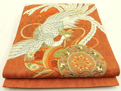 平和屋着物◎太鼓柄袋帯 総刺繍 鳳凰鼓文 金銀糸 引箔 正絹 逸品 BAAW0183hj