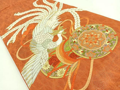 平和屋着物◎太鼓柄袋帯 総刺繍 鳳凰鼓文 金銀糸 引箔 正絹 逸品 BAAW0183hj