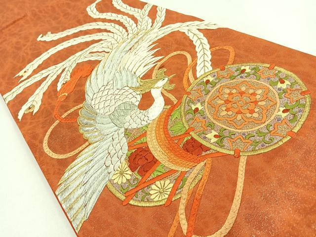 平和屋着物◎太鼓柄袋帯 総刺繍 鳳凰鼓文 金銀糸 引箔 正絹 逸品 BAAW0183hj