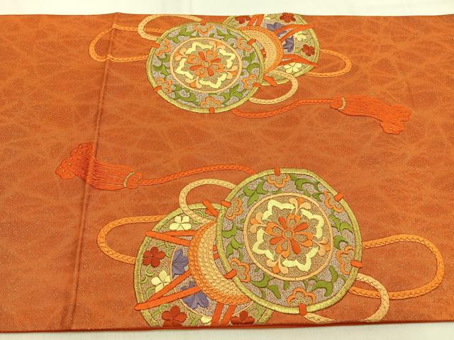平和屋着物◎太鼓柄袋帯 総刺繍 鳳凰鼓文 金銀糸 引箔 正絹 逸品 BAAW0183hj