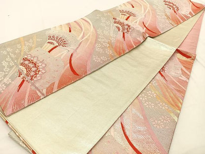 平和屋着物◎佐賀錦 六通柄袋帯 唐織 花蝶文 金銀糸 正絹 逸品 BAAW0189hj