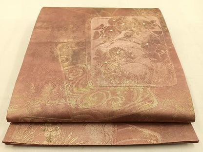 平和屋着物◎六通柄袋帯　色紙重ね菊花文　金糸　引箔　三越扱い　正絹　逸品　BAAW0217hj