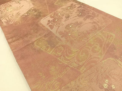 平和屋着物◎六通柄袋帯　色紙重ね菊花文　金糸　引箔　三越扱い　正絹　逸品　BAAW0217hj