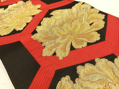平和屋着物◎六通柄袋帯　唐織　亀甲牡丹文　黒地　金糸　正絹　逸品　BAAW0220hj