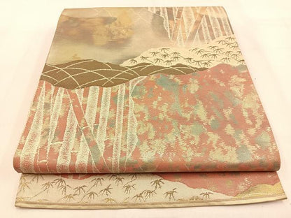 平和屋着物◎六通柄袋帯 笹竹文 金糸 引箔 正絹 逸品 BAAW0225hj