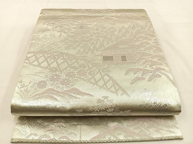 平和屋着物◎六通柄袋帯 唐織 風景文 銀糸 正絹 逸品 BAAW0226hj