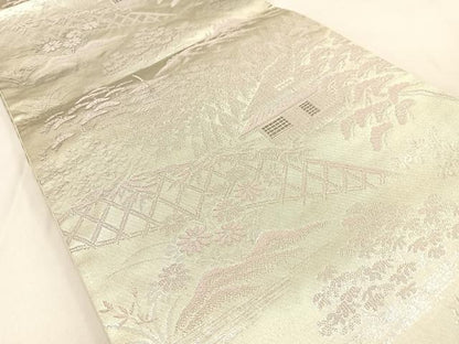 平和屋着物◎六通柄袋帯 唐織 風景文 銀糸 正絹 逸品 BAAW0226hj