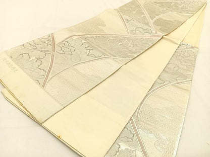 平和屋着物◎西陣　六通柄袋帯　唐織　流水取牡丹文　銀糸　正絹　逸品　未使用　BAAW0228hj