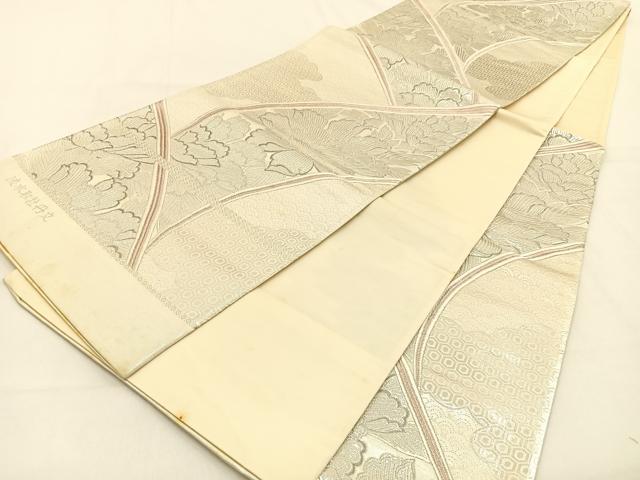 平和屋着物◎西陣　六通柄袋帯　唐織　流水取牡丹文　銀糸　正絹　逸品　未使用　BAAW0228hj