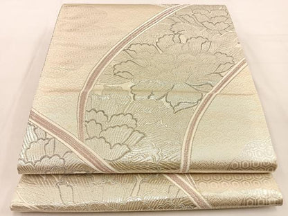 平和屋着物◎西陣　六通柄袋帯　唐織　流水取牡丹文　銀糸　正絹　逸品　未使用　BAAW0228hj