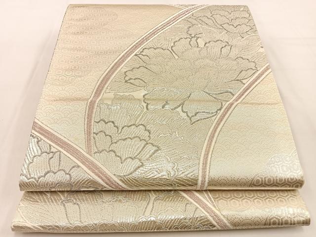 平和屋着物◎西陣　六通柄袋帯　唐織　流水取牡丹文　銀糸　正絹　逸品　未使用　BAAW0228hj