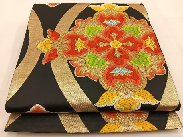 平和屋着物◎六通柄袋帯 唐織 宝相華 黒地 金糸 正絹 逸品 BAAW0230hj