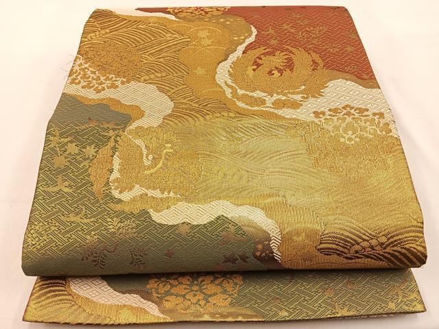 平和屋着物◎佐賀錦　両面　六通柄袋帯　鳳凰飛鶴花文　金糸　正絹　逸品　BAAW0232hj
