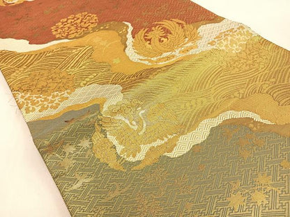 平和屋着物◎佐賀錦　両面　六通柄袋帯　鳳凰飛鶴花文　金糸　正絹　逸品　BAAW0232hj