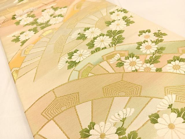 平和屋着物◎六通柄袋帯　唐織　片輪車菊文　金糸　正絹　逸品　BAAW0234hj