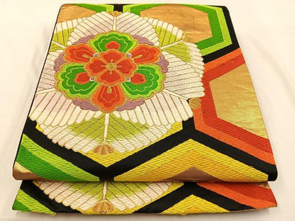 平和屋着物◎六通柄袋帯 唐織 亀甲正倉院花文 黒地 金糸 正絹 逸品 BAAW0237hj