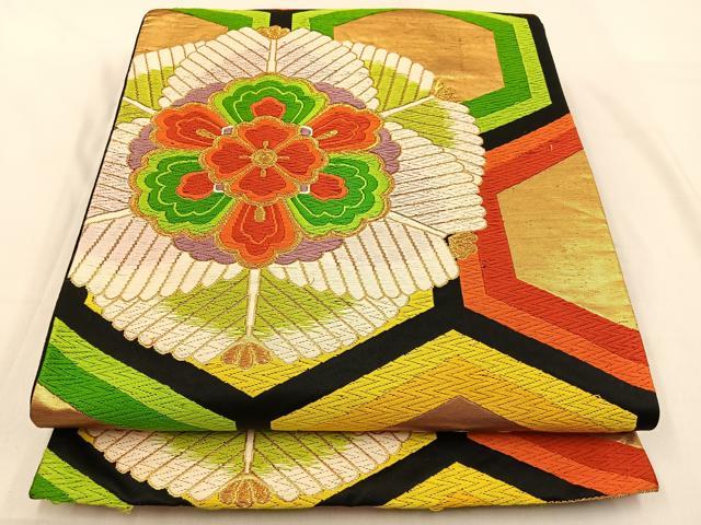 平和屋着物◎六通柄袋帯 唐織 亀甲正倉院花文 黒地 金糸 正絹 逸品 BAAW0237hj