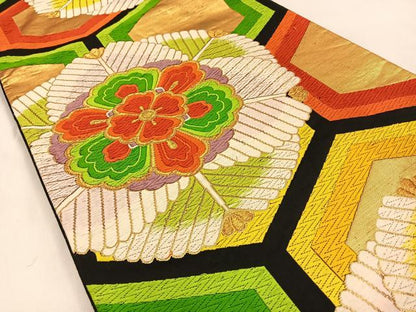 平和屋着物◎六通柄袋帯 唐織 亀甲正倉院花文 黒地 金糸 正絹 逸品 BAAW0237hj