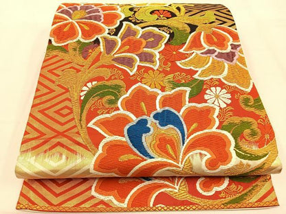 平和屋着物◎六通柄袋帯 唐織 更紗花文 金糸 正絹 逸品 BAAW0240hj