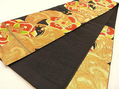 平和屋着物◎六通柄袋帯　唐織　立波正倉院文　黒地　金糸　正絹　逸品　BAAW0242hj
