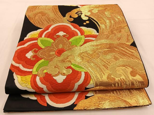 平和屋着物◎六通柄袋帯　唐織　立波正倉院文　黒地　金糸　正絹　逸品　BAAW0242hj