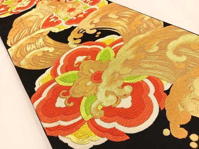 平和屋着物◎六通柄袋帯　唐織　立波正倉院文　黒地　金糸　正絹　逸品　BAAW0242hj