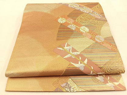 平和屋着物◎六通柄袋帯 唐織 扇花鳥文 金糸 正絹 逸品 BAAW0243hj