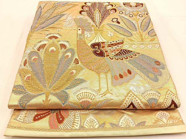 平和屋着物◎六通柄 本袋帯 孔雀更紗花蝶文 金銀糸 正絹 逸品 BAAW0247hj