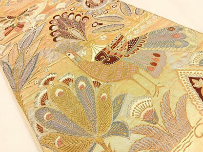 平和屋着物◎六通柄 本袋帯 孔雀更紗花蝶文 金銀糸 正絹 逸品 BAAW0247hj